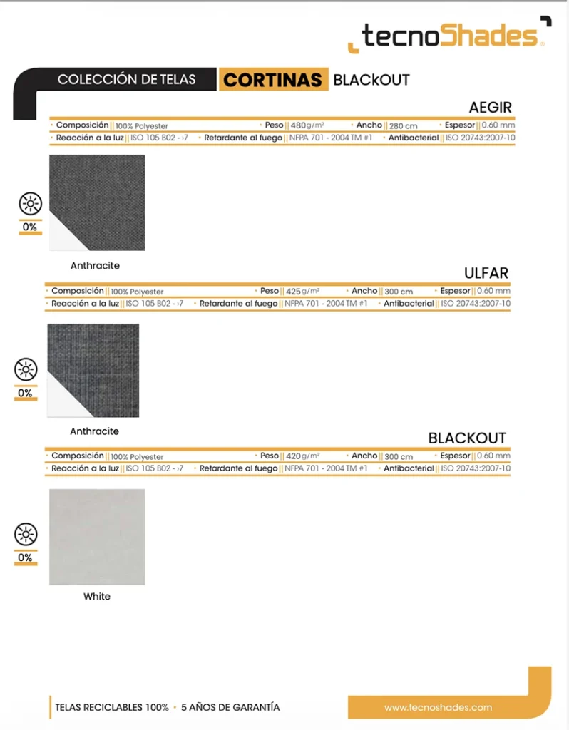Catálogo de telas blackout para cortinas Tecnoshades: Aegir, Ulfar, Blackout y traslucida en colores Anthracite y White