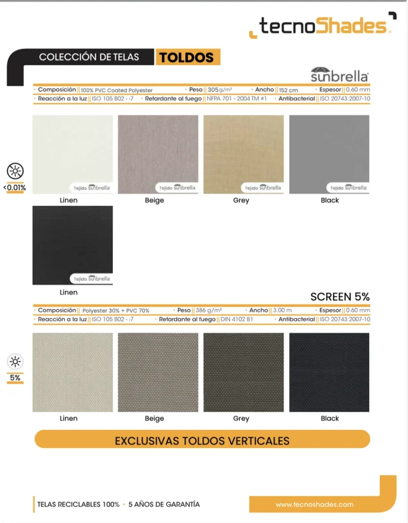 Catálogo de telas para toldos verticales Tecnoshades: Sunbrella y Screen 5% en colores Linen, Beige, Grey y Black